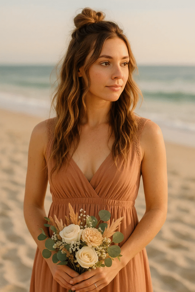 Half up mini bun with loose waves for bridesmaids