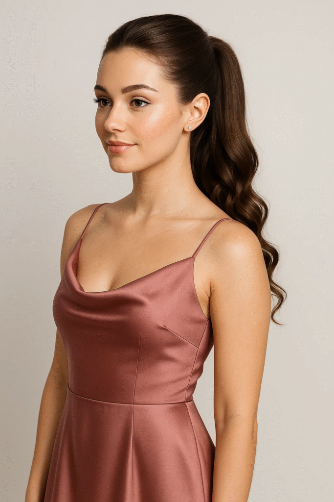 Sleek half ponytail bridesmaid hairstyle with wrapped base