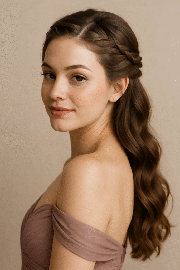 Braided side twist half up hairstyle for bridesmaids