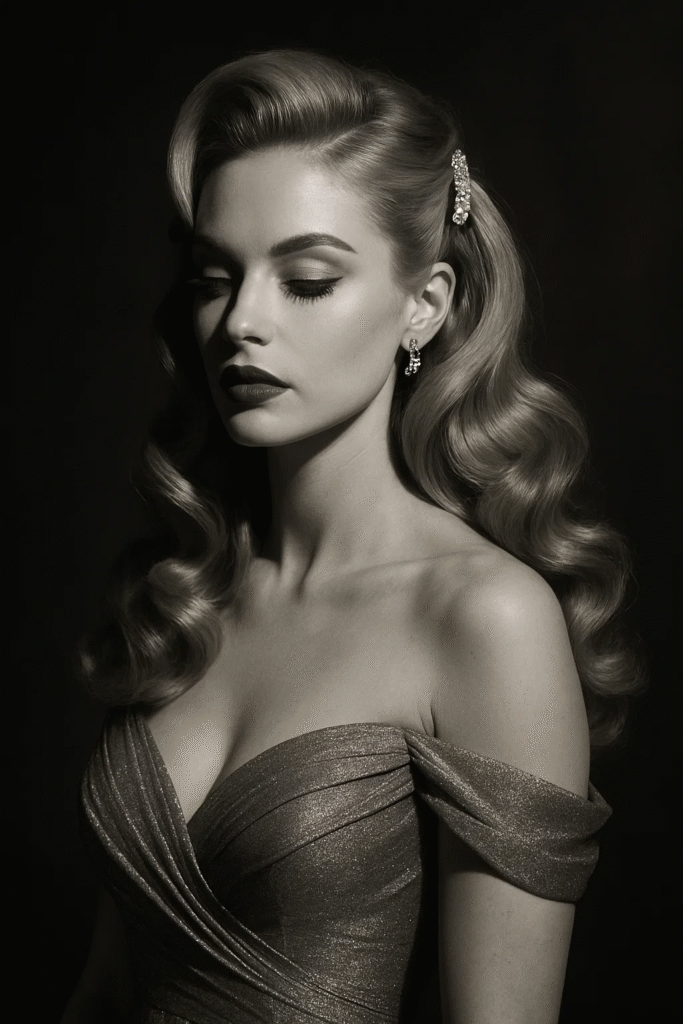 Hollywood glam half up bridesmaid hairstyle with clips