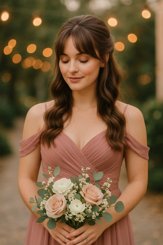 Curtain bangs half up hairstyle for bridesmaid

