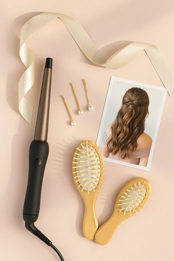 
Flat lay of accessories and printed photo for half up bridesmaid hairstyle inspiration