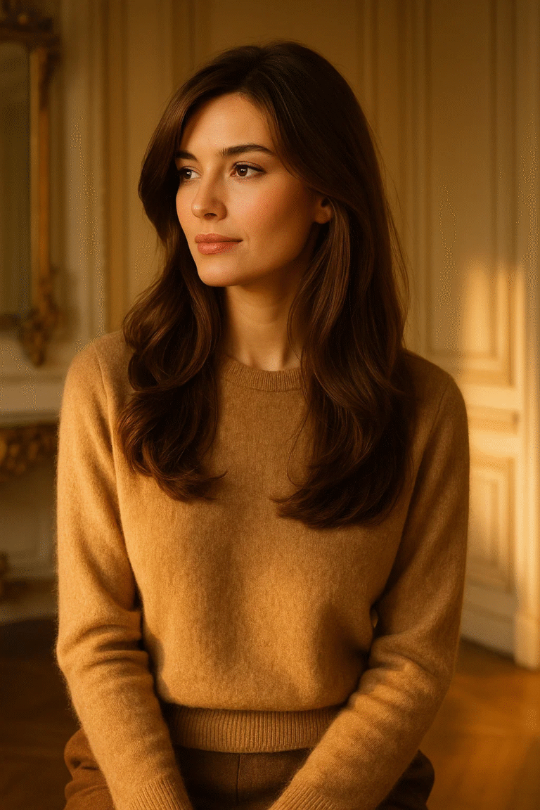 Old money brunette hair with sable brown layers