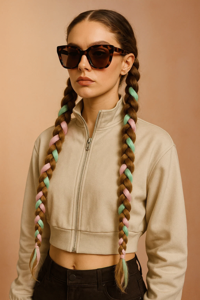 Double twisted rope braid hairstyle with ribbon accents