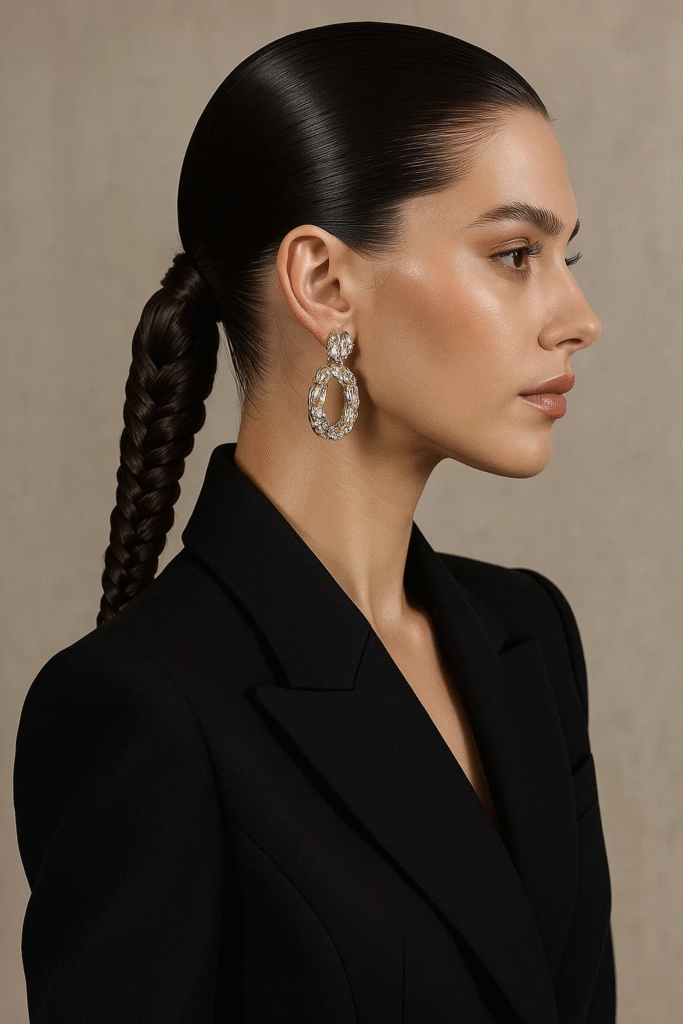 Sleek fishtail ponytail braid with glossy finish