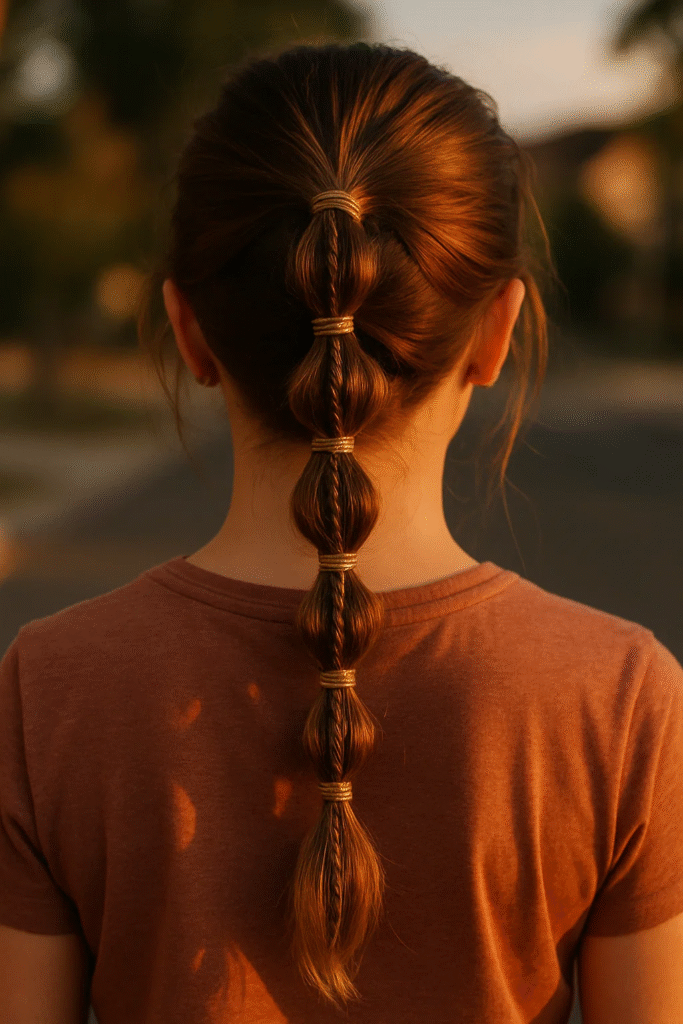 Bubble braid hairstyle with micro braid accents and gold accessories