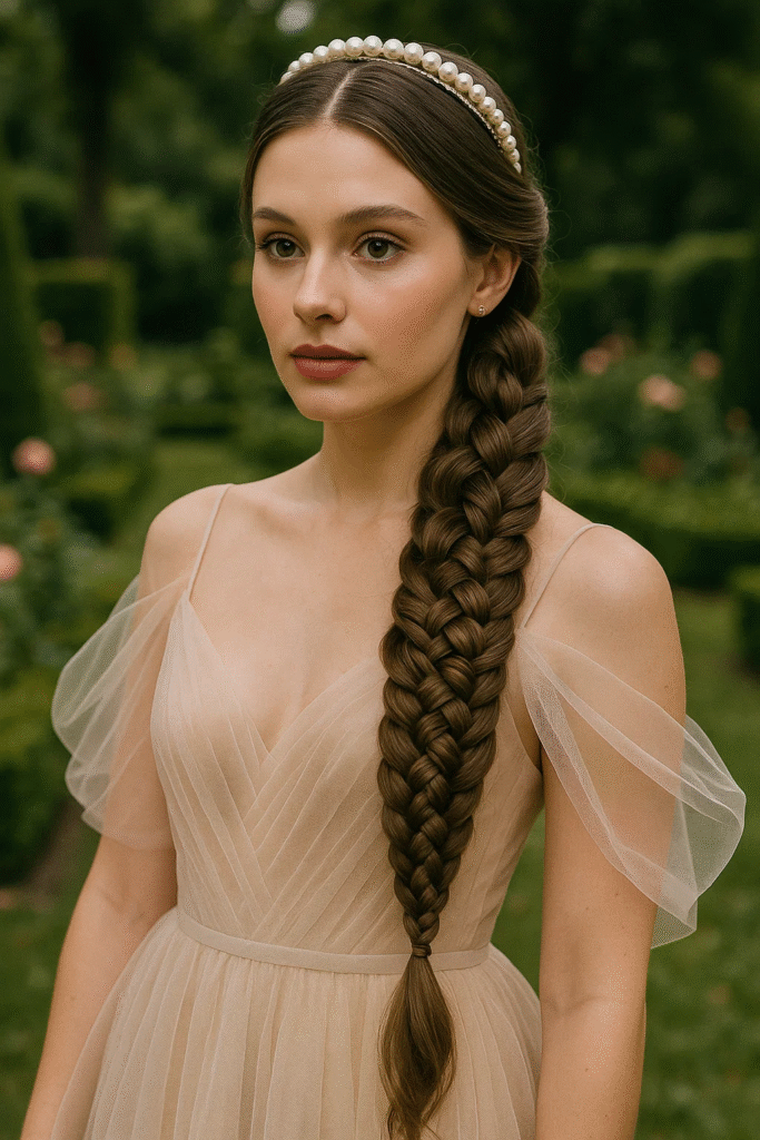 Side-swept infinity braid hairstyle for elegant events

