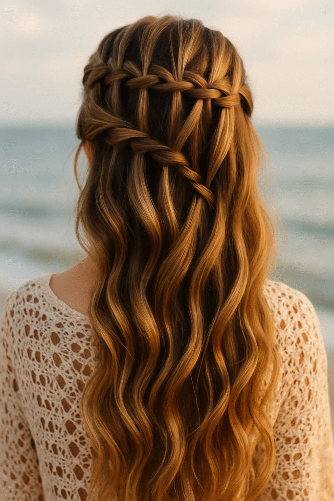 Boho waterfall braid with tousled texture and balayage dimension