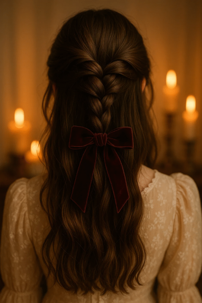 Half-up twisted braid with ribbon for romantic styling