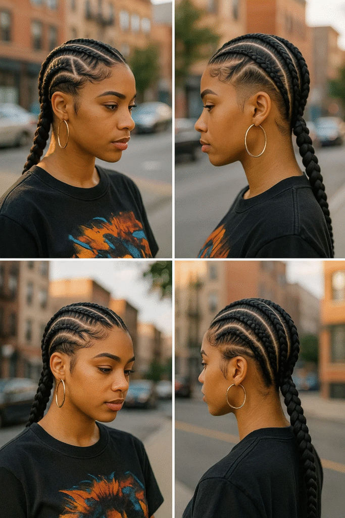 Side-parted cornrow braid hairstyle with bold pattern detailing