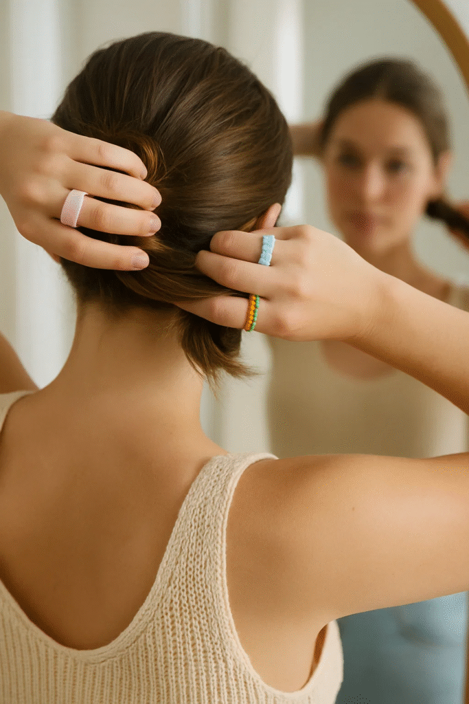 Creating the Space Buns Hairstyle step-by-step in front of a mirror.