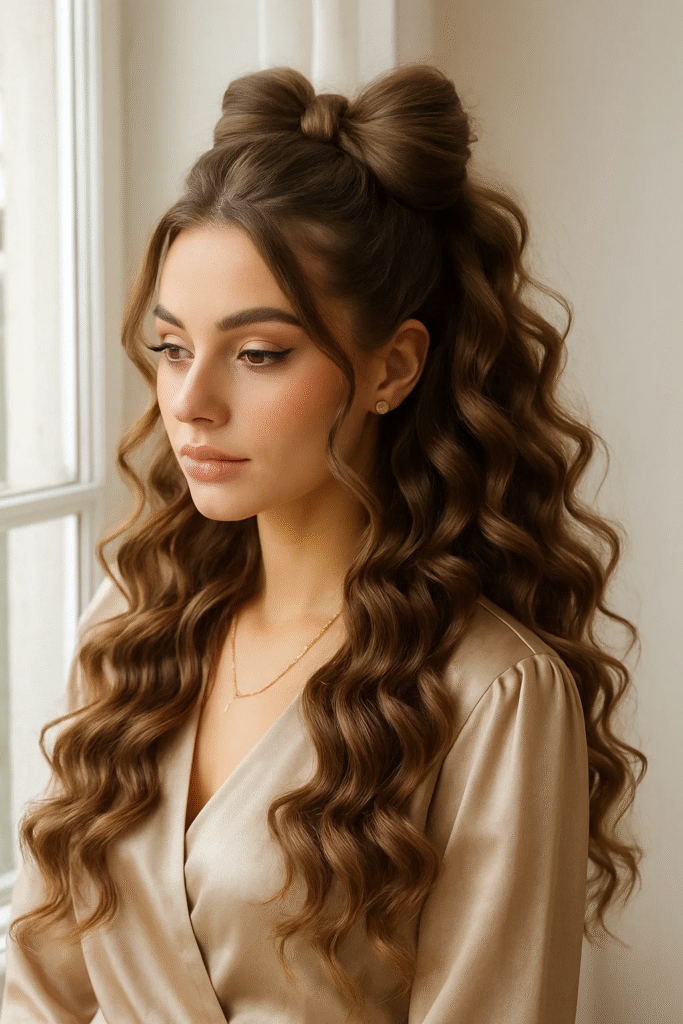 Chic Bow Half-Up Hairstyle with Bouncy Curls for romantic occasions

