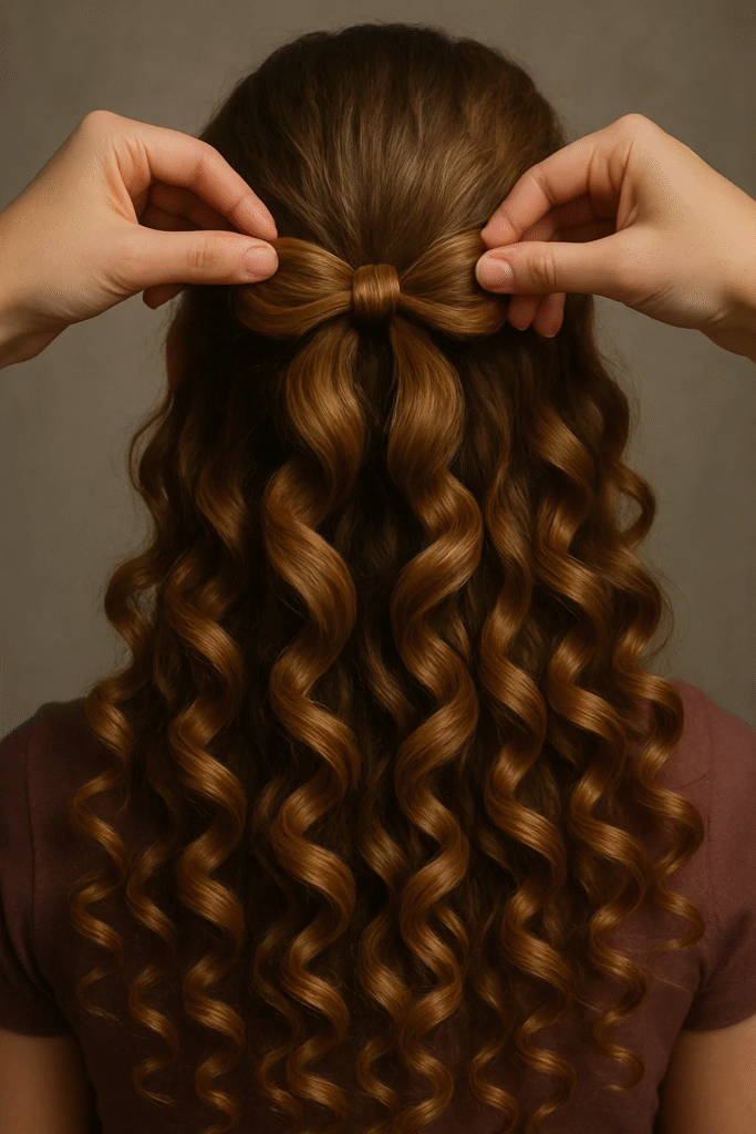 How to tie the bow in a chic bow half-up hairstyle with bouncy curls