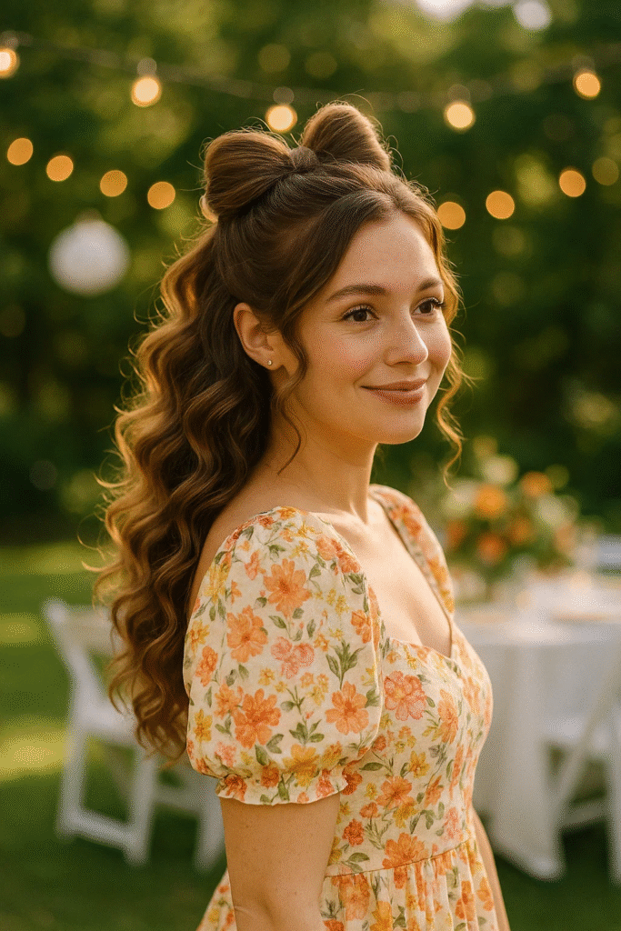 Chic bow half-up hairstyle with bouncy curls for spring events