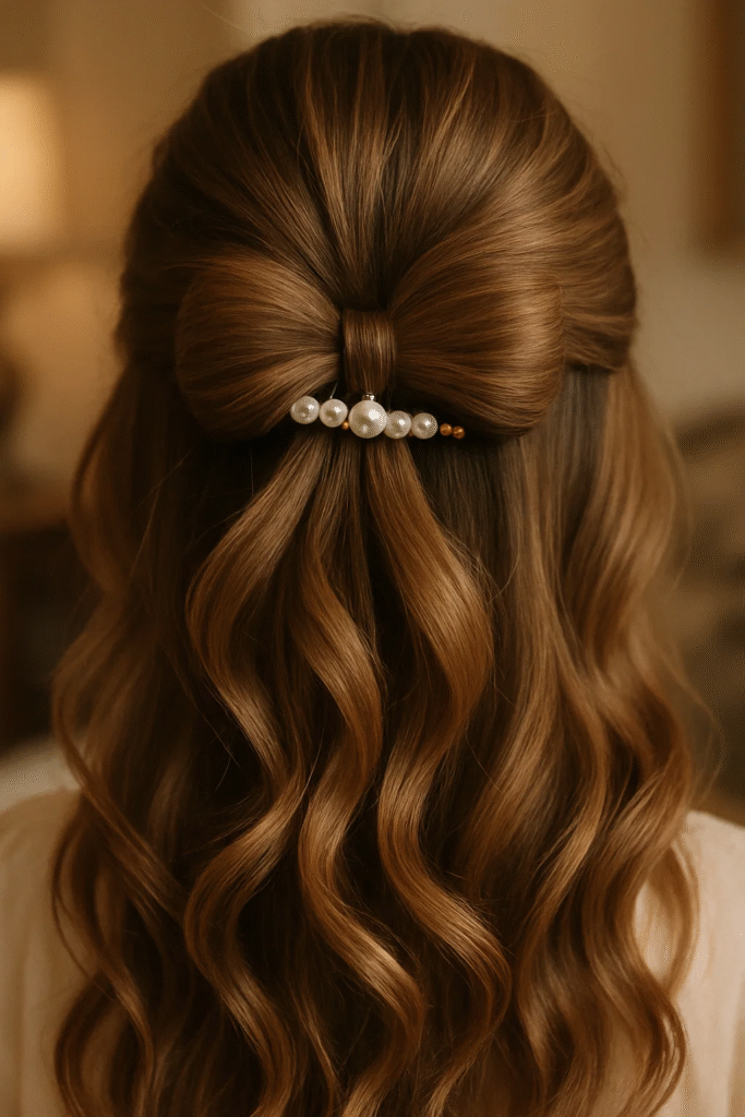 Pearl pin detail in chic bow half-up hairstyle with bouncy curls