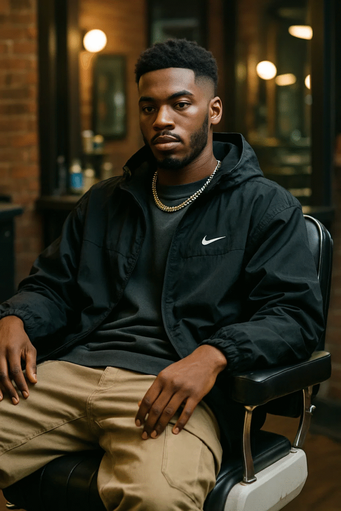 Modern fade haircuts for Black men in a stylish barbershop setting