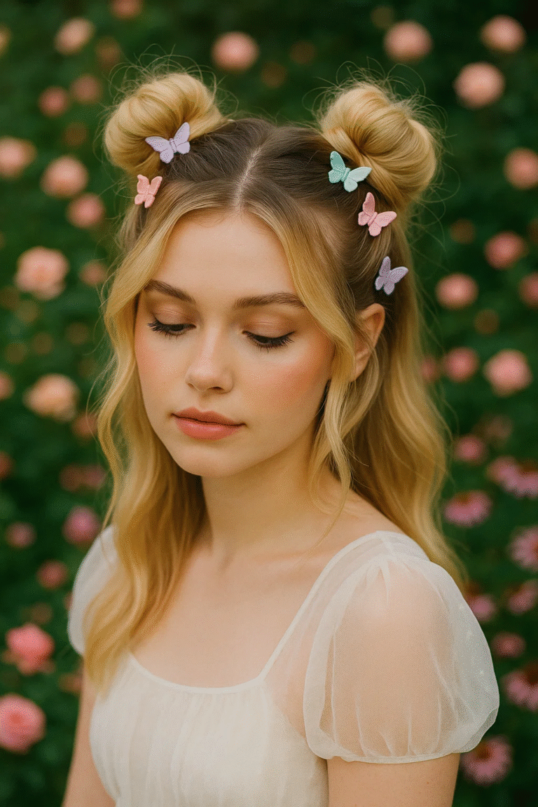 Half-up space buns with butterfly clips styled into a soft Y2K look.