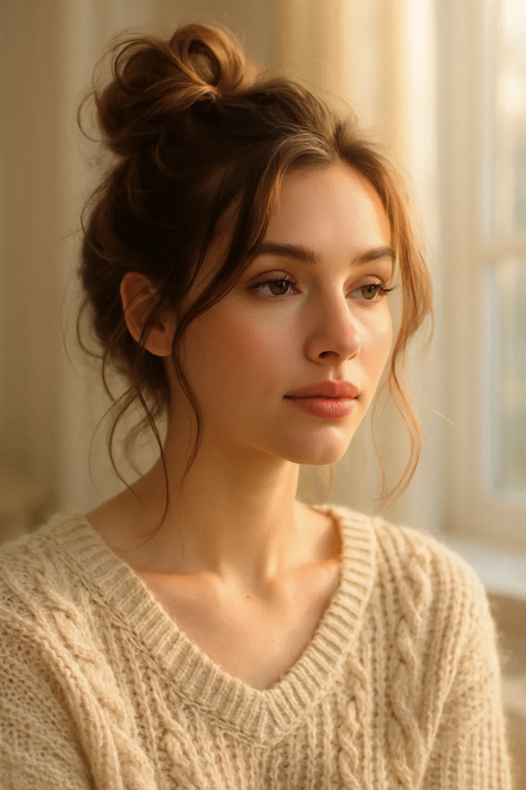 Messy bun tutorial hairstyle with soft face-framing strands and relaxed elegance.