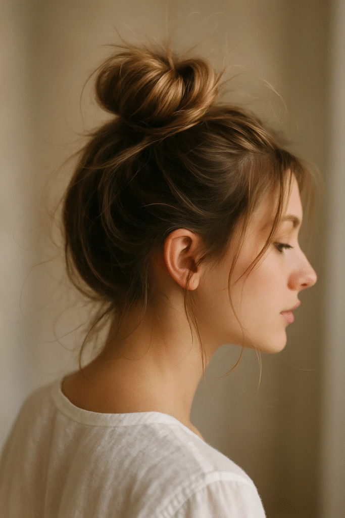 Classic messy bun tutorial style with loose flyaways for a casual look.