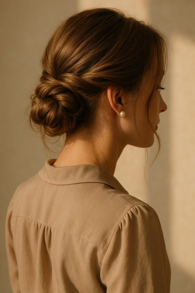 Low messy bun tutorial featuring twisted strands and elegant soft volume.