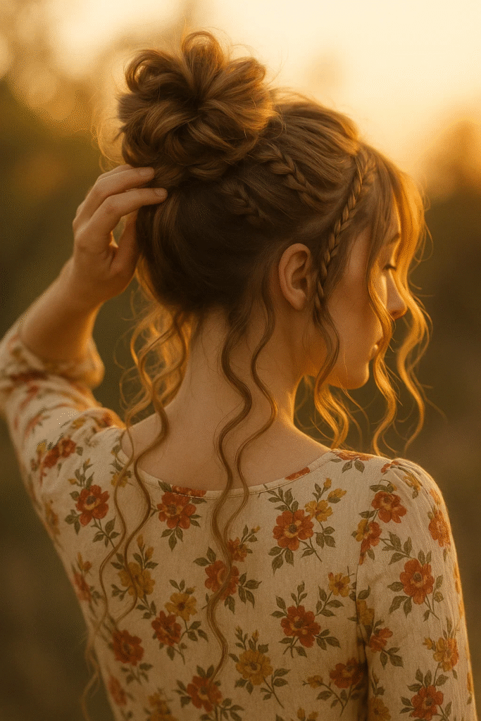 Boho messy bun hairstyle with braided accents and soft curls.