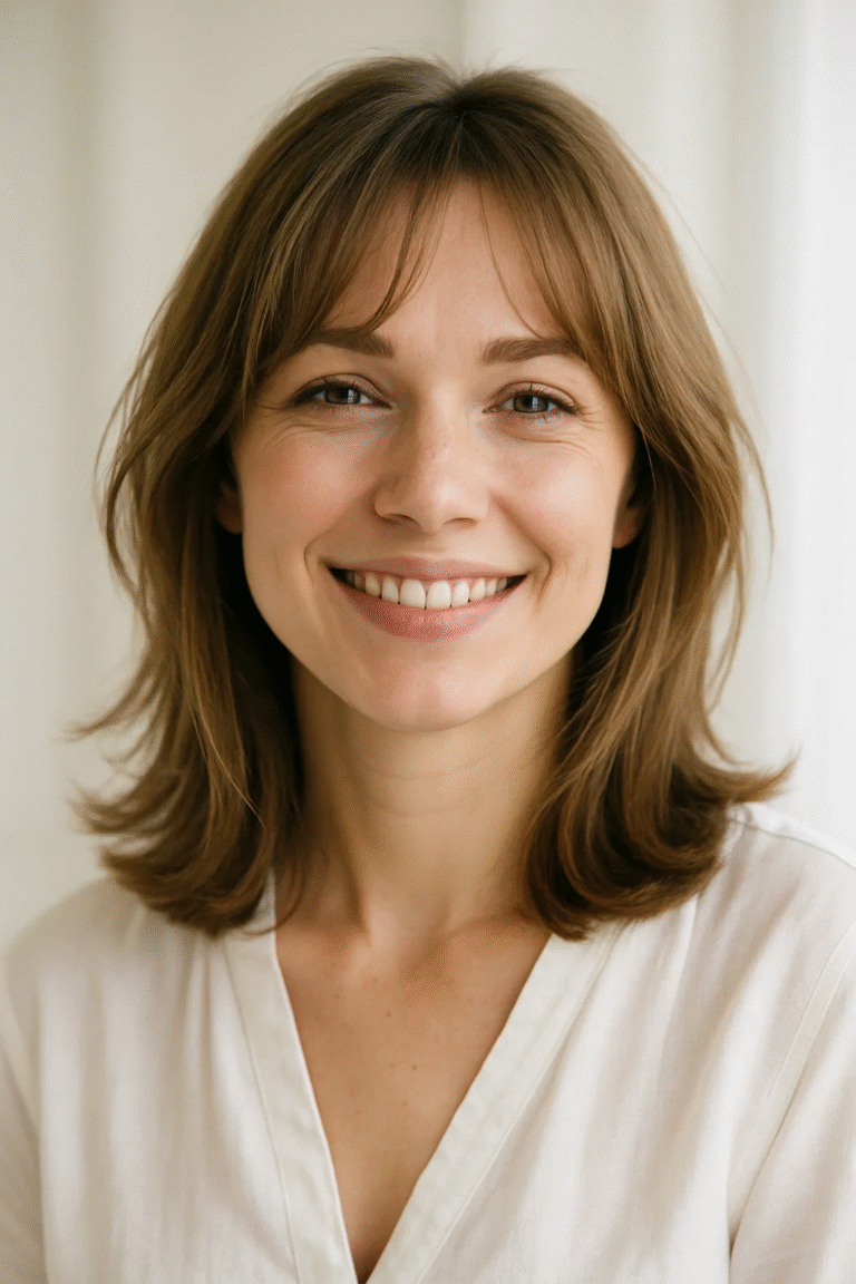 shoulder length cuts for fine hair featuring layered curtain bangs in natural light