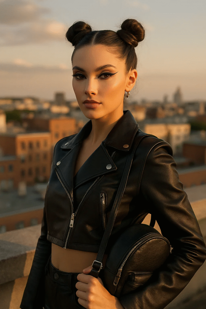 Sleek double space buns hairstyle styled for streetwear glam.