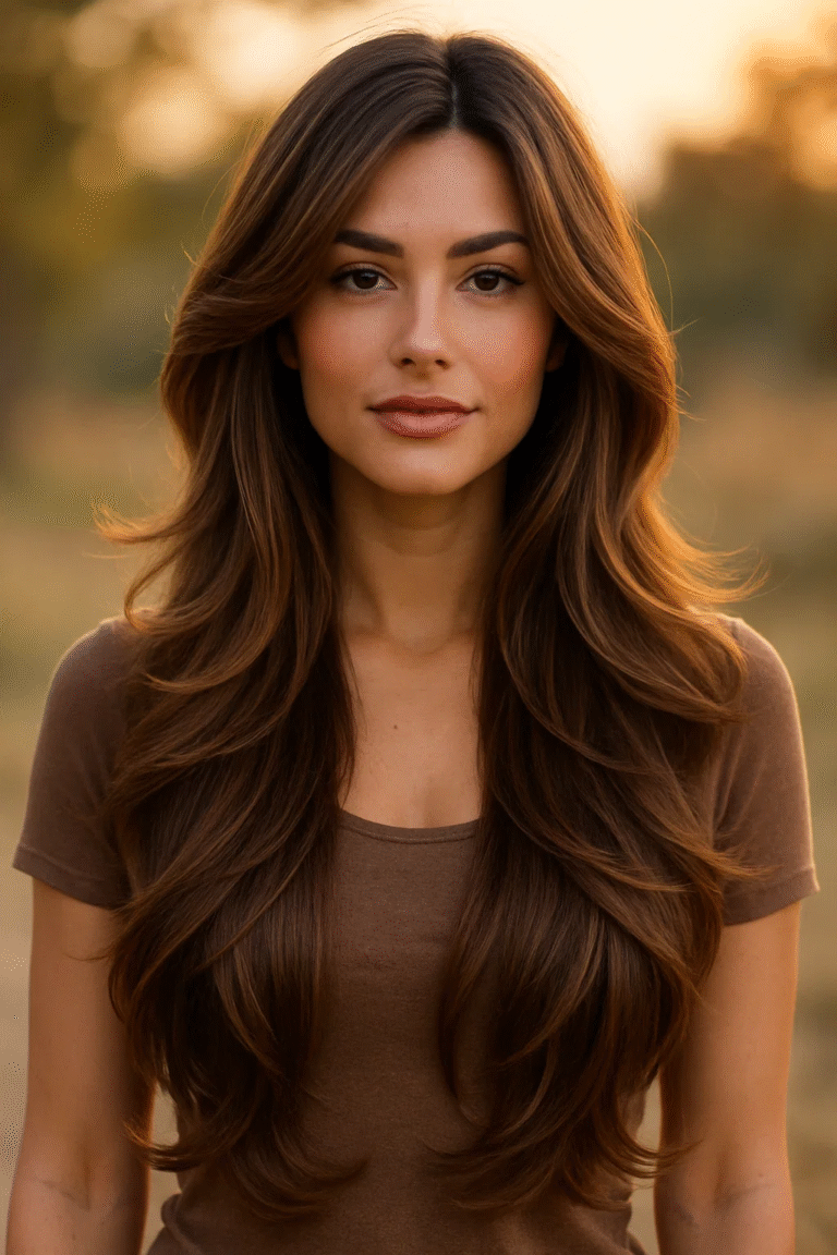 Long layers with soft waves to add shape on caramel-highlighted hair.