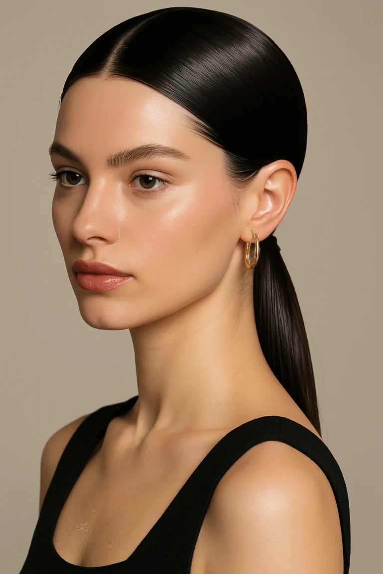 Sleek low ponytail style with a gold hair cuff for minimalist elegance