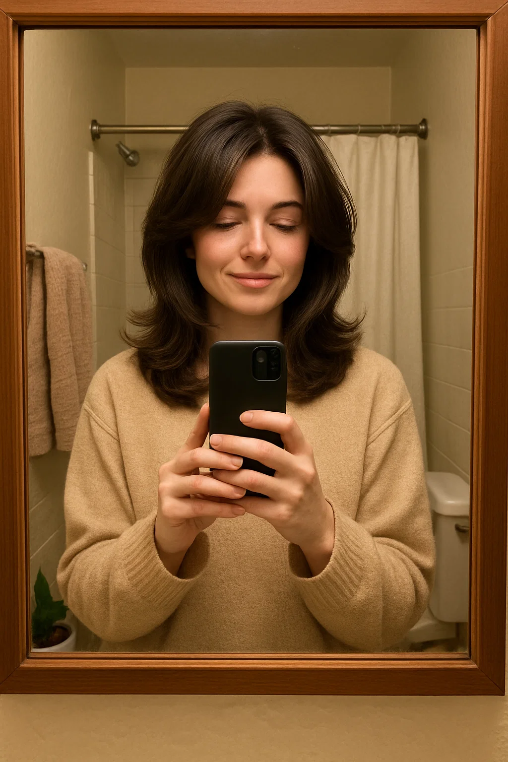 Woman with freshly styled butterfly haircut long hair in mirror selfie