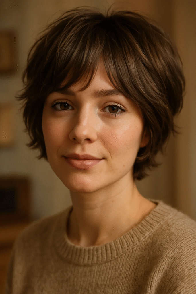 Bixie cut short hair with curtain bangs and tousled texture.

