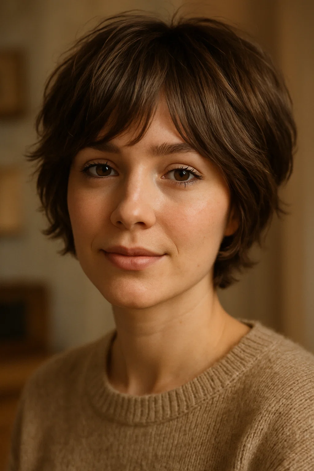 Bixie cut short hair with curtain bangs and tousled texture.