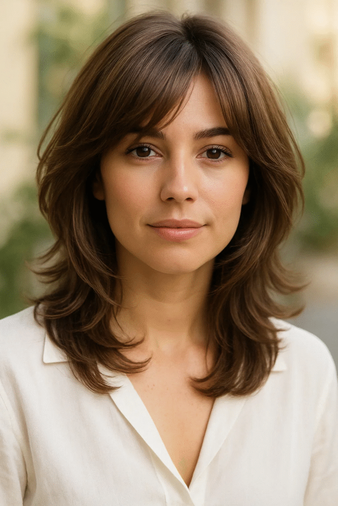 Feathered layers medium hair styled in soft, flowing waves for a trendy 2025 look.

