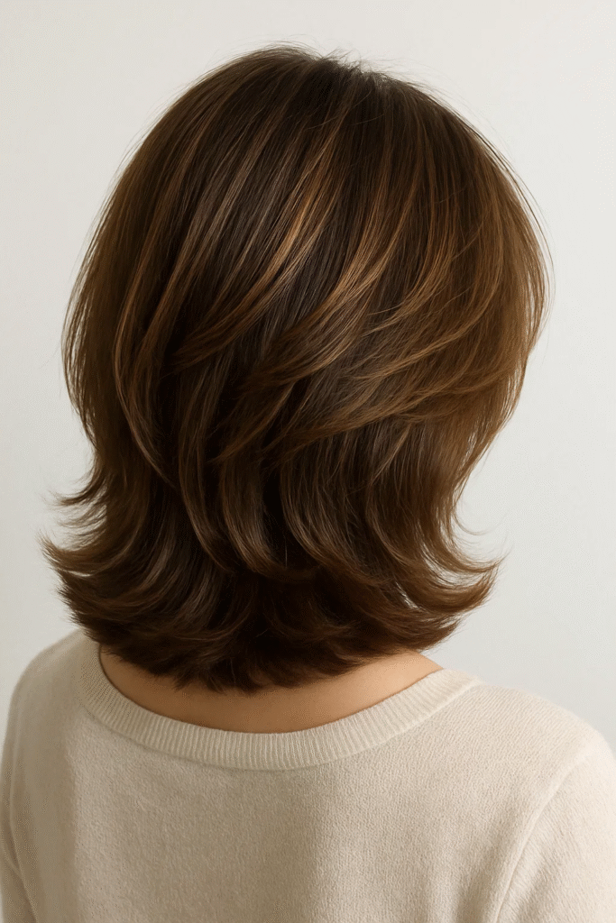Classic feathered layers medium hair with soft face-framing strands.