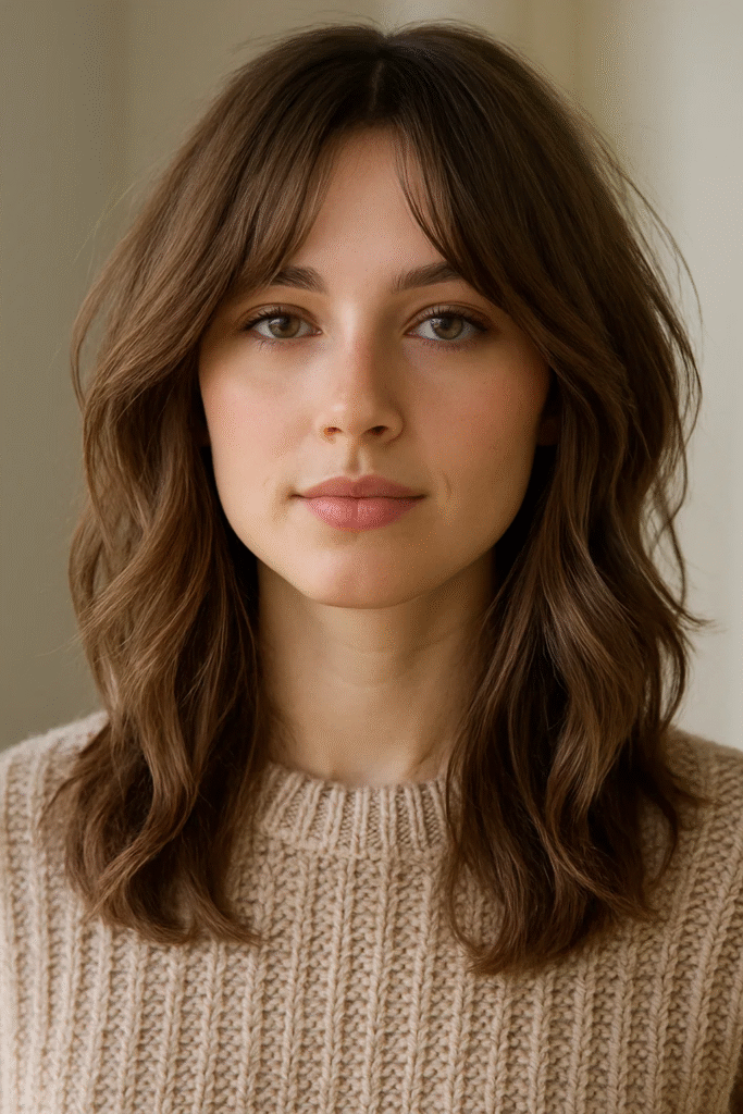 Feathered layers medium hair with curtain bangs for a soft and modern shape.