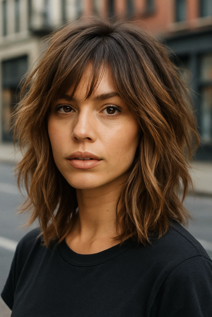 Edgy feathered layers medium hair with choppy textured ends.