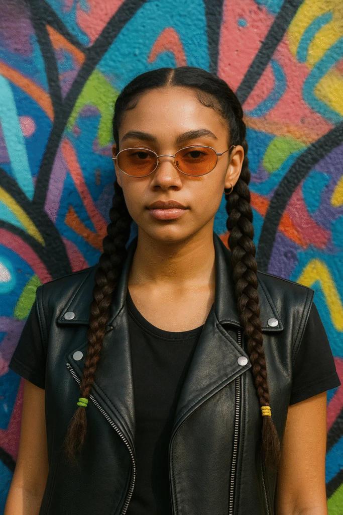 Braided pigtails Y2K hairstyle styled with neon elastics for streetwear flair.