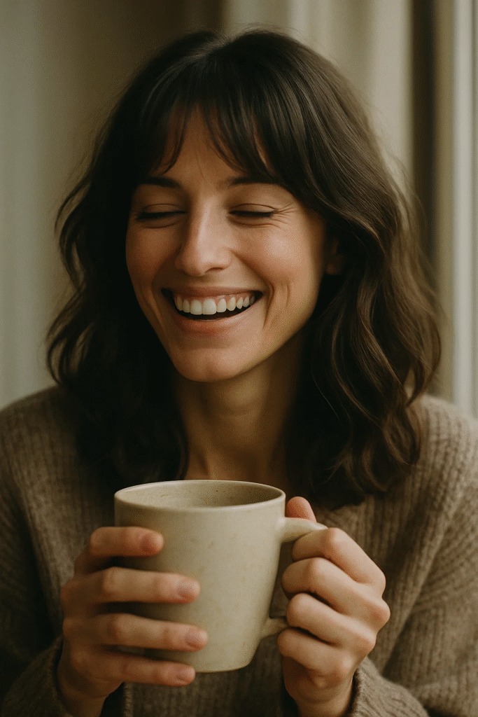 Woman with wavy hair and curtain fringe holding a coffee mug.