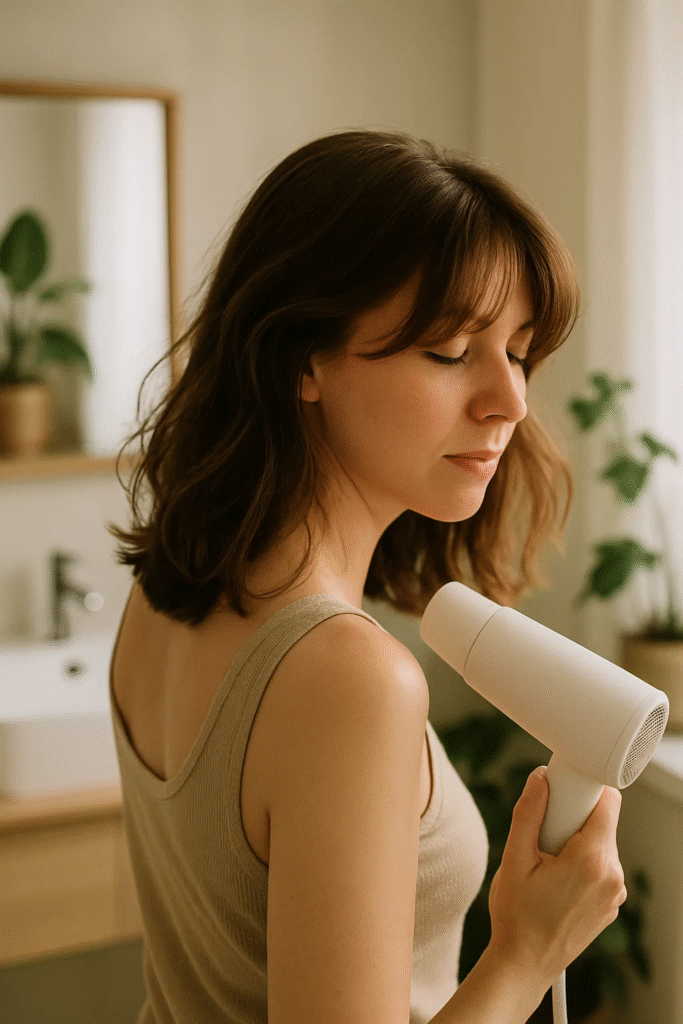 Woman air-drying wavy hair with curtain bangs in a cozy bathroom.