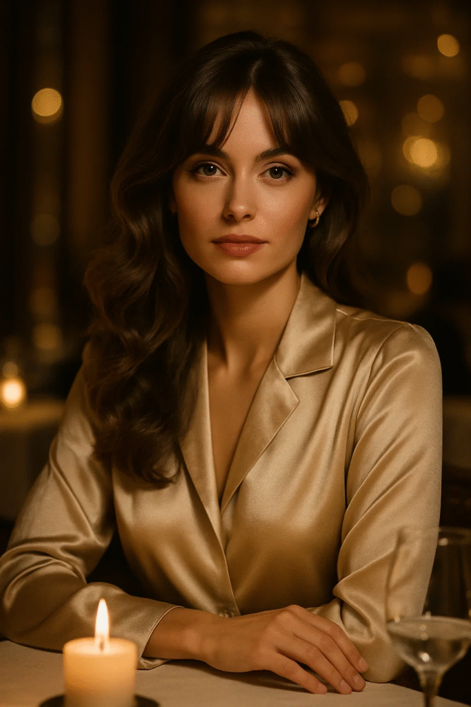 Evening hairstyle with curtain bangs and styled waves at dinner.