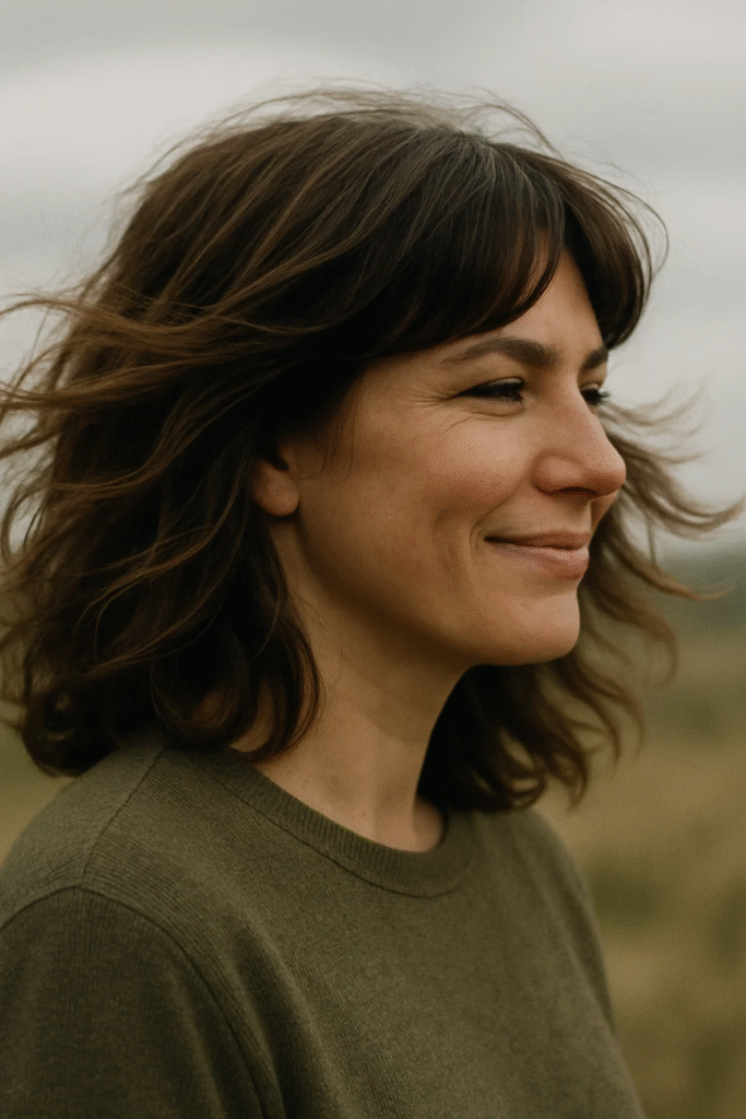 Woman with square face and curtain fringe with flowing waves.

