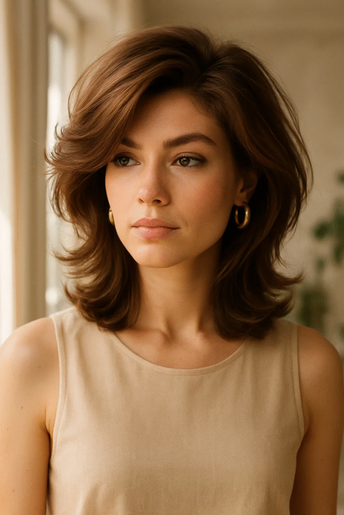 side part haircut for volume on woman with soft waves in natural light.