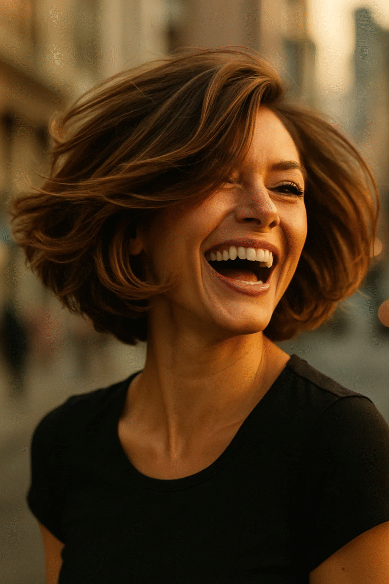 Side part haircut for volume on layered bob in sunlight.