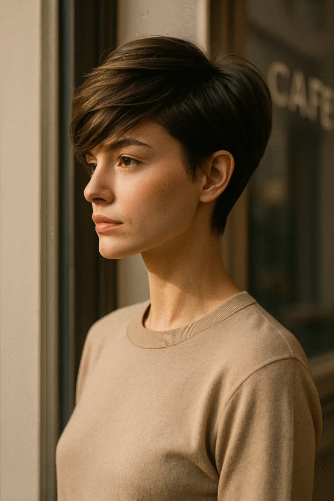 Side part haircut for volume on a textured pixie cut.