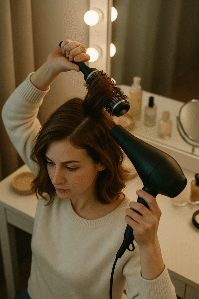 Styling side part haircut for volume using a round brush.