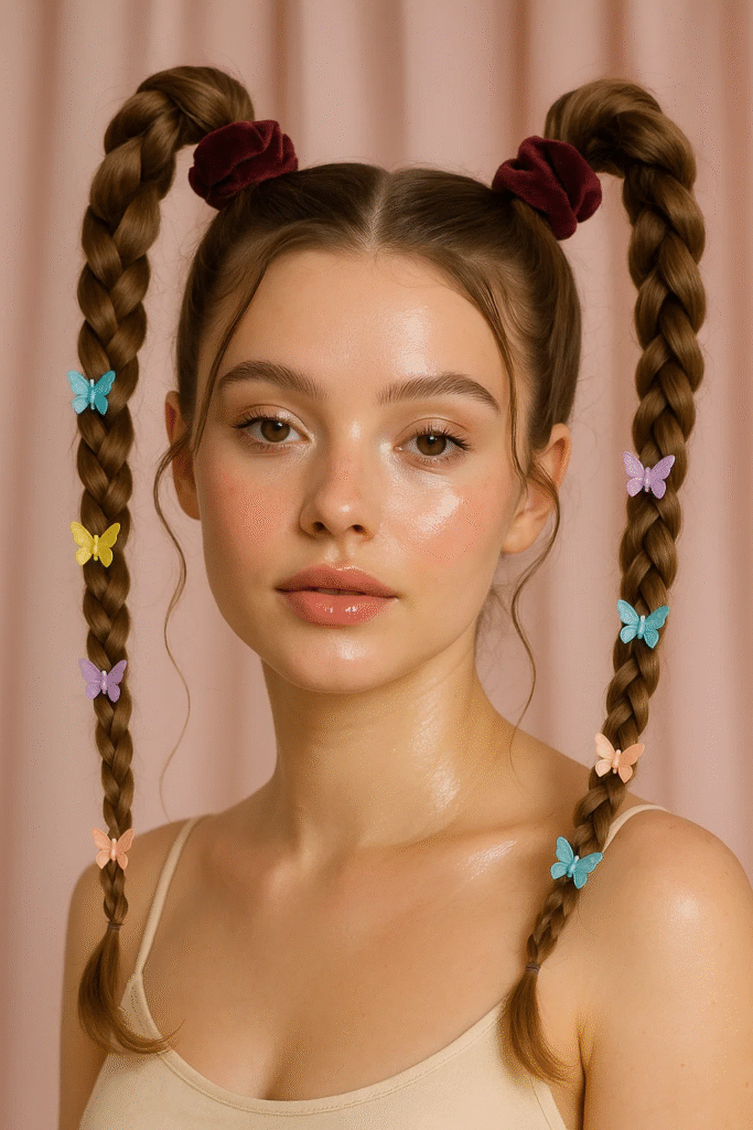 High twisted pigtails Y2K hairstyle with butterfly clips and velvet scrunchies.