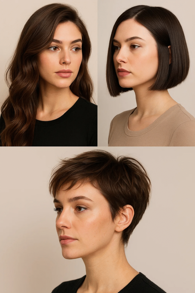 Side part haircut for volume collage with bob, long layers, and pixie.