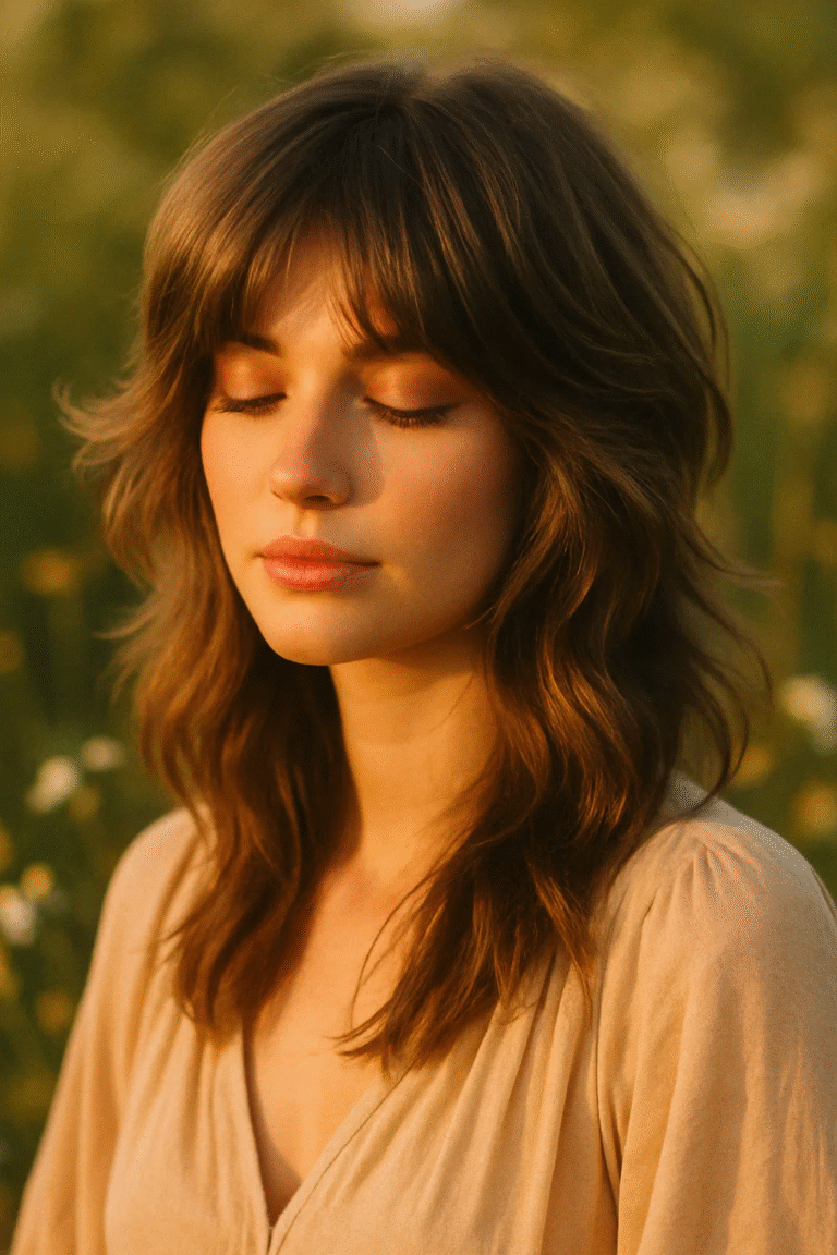 Soft wolf cut women hairstyle with curtain bangs in golden light.