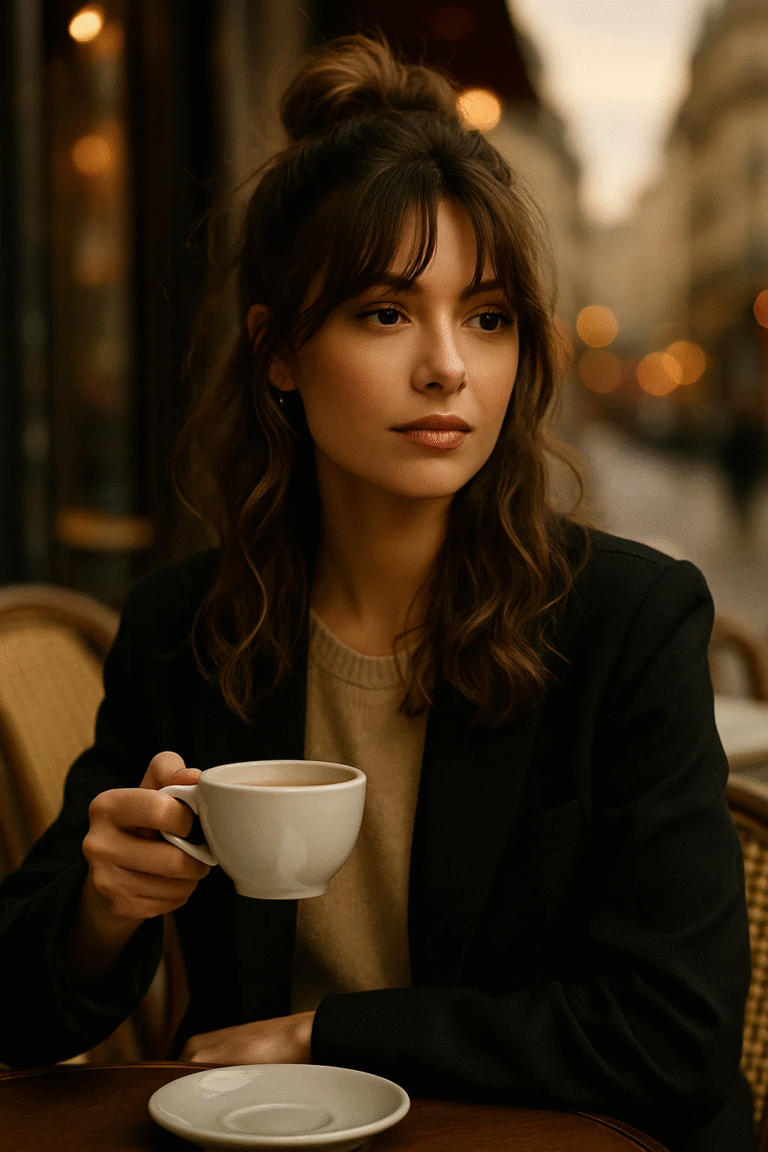 Girl with curtain fringe styled in a messy bun and soft waves
