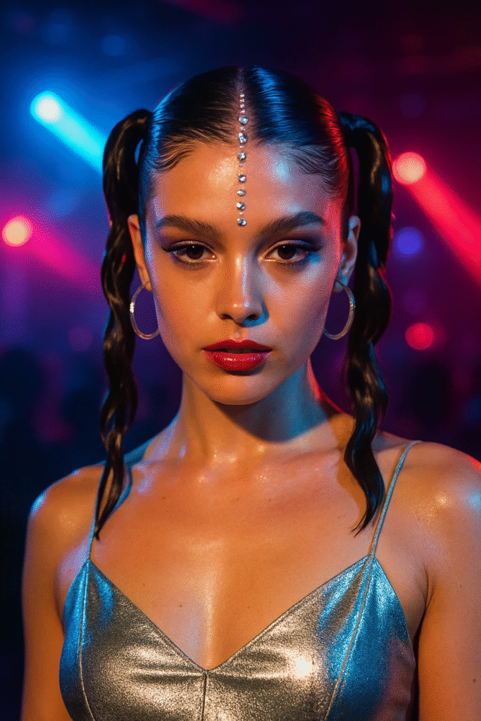 Slicked-back pigtails Y2K hairstyle with rhinestones and party styling.

